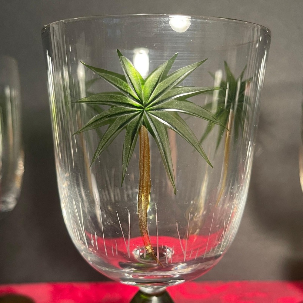 Vintage Laurie Gates Hand Painted Etched Bahama Palm Tree Wine Goblets Set of 4